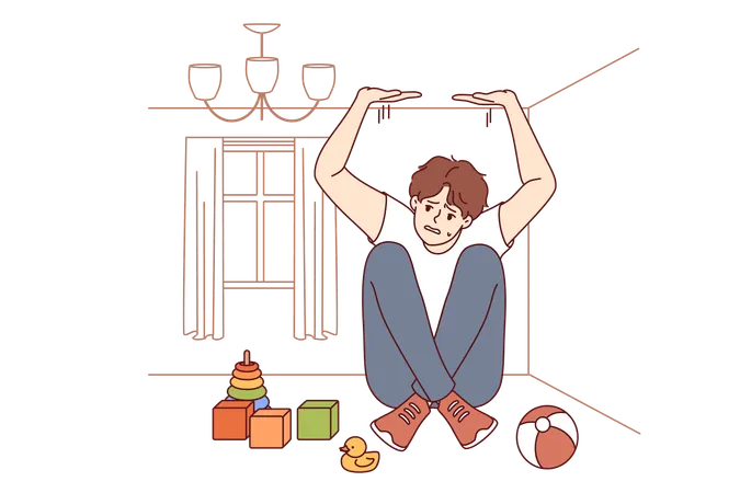 Boy suffers from claustrophobia feeling pressure of walls and sitting in small room with toys  Illustration