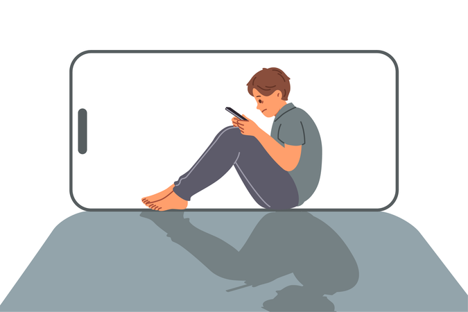 Boy suffers from digital addiction and uncontrollably uses mobile phone to chat on social networks  Illustration