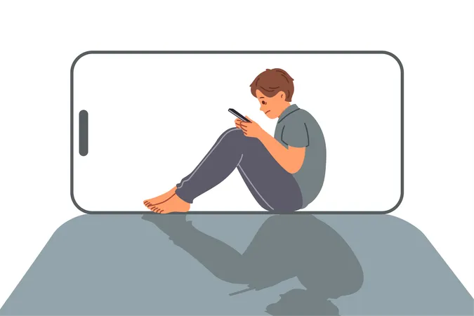 Boy Suffers From Digital Addiction And Uncontrollably Uses Mobile Phone To Chat On Social Networks Child With Cyber Addiction Dreams Of Becoming Blogger So Can Work Through Phone イラスト