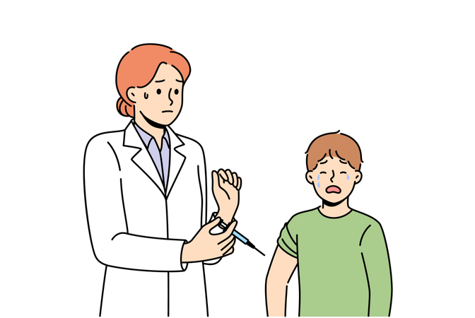 Boy suffers vaccine phobia and crying standing near woman doctor holding syringe with injection in hand  Illustration
