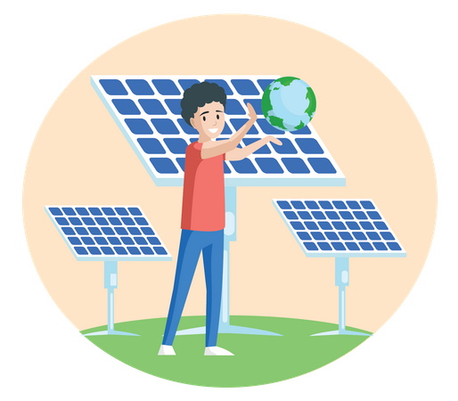 Boy suggesting to use solar panel energy  Illustration