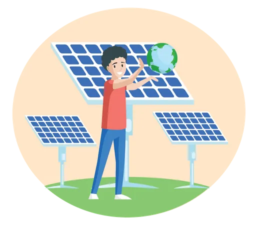 Boy suggesting to use solar panel energy  Illustration