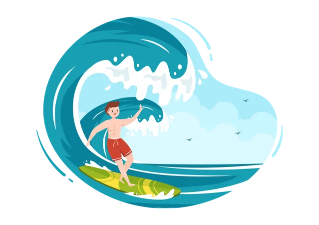 Boy surfing in sea  Illustration