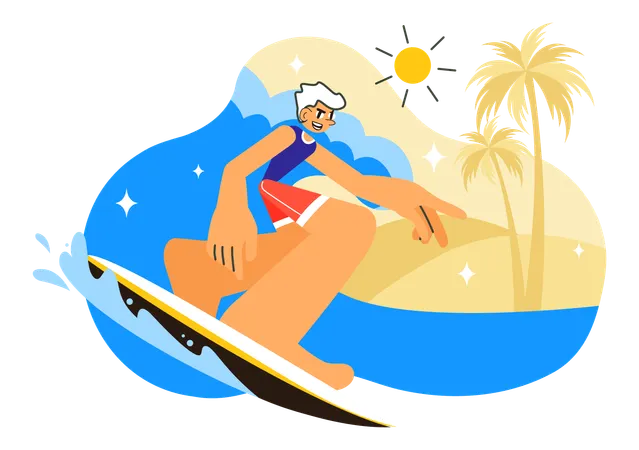 Boy surfing in summer  Illustration