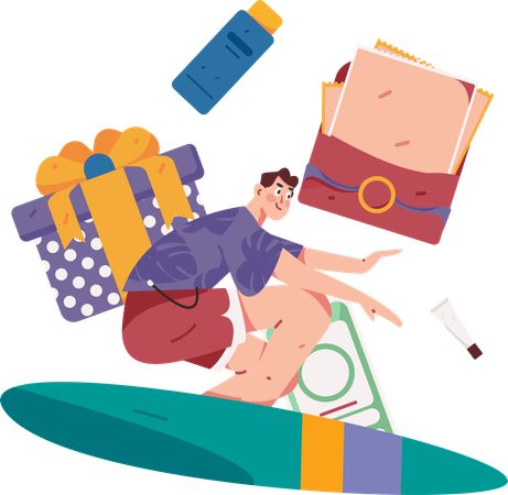 Boy surfing while getting shopping reward  Illustration