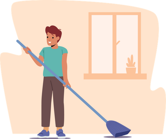 Boy Sweeping Floor with Broom Illustration