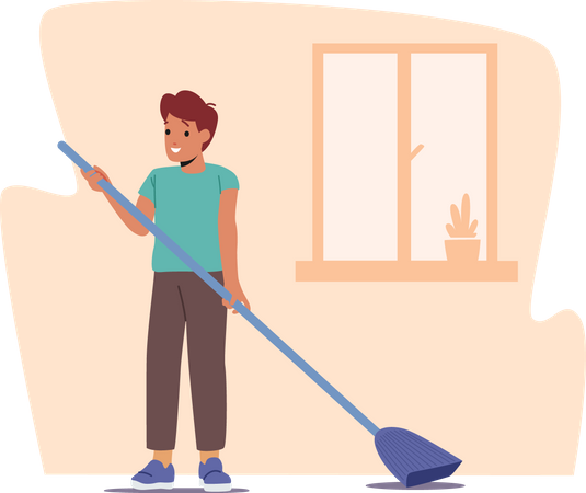 Boy Sweeping Floor with Broom  Illustration