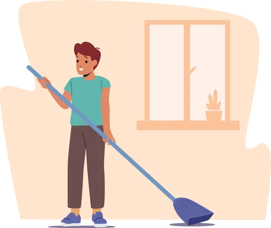 Boy Sweeping Floor with Broom  Illustration