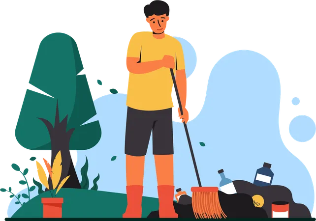 Transform Your Message With An Illustration Of A Young Man Is Sweeping The Garden For An Impactful Clean Environment Campaign Ideal For Banners Websites Or Promotional Materials This Artwork Visually Conveys The Importance Of Environmental Awareness In A Modern Dynamic Style That Encourages Eco Friendly Practices イラスト