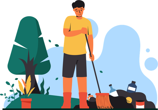 Boy sweeping in park  Illustration