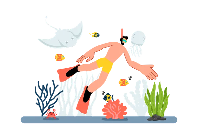 Boy swimming deep underwater  Illustration