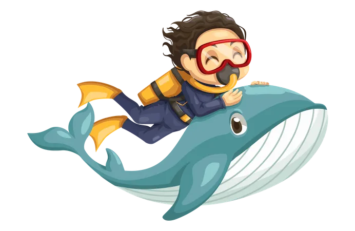 Boy swimming with fish underwater Illustration
