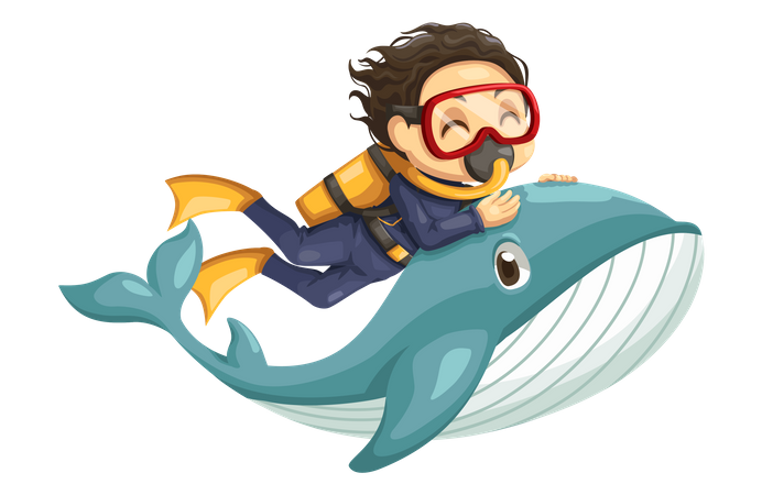 Boy swimming with fish underwater  Illustration