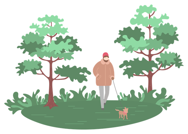 Boy takes his dog in forest  Illustration
