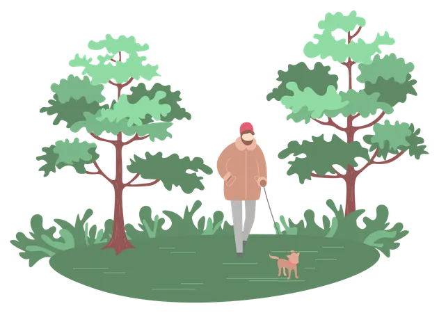 Boy takes his dog in forest  Illustration