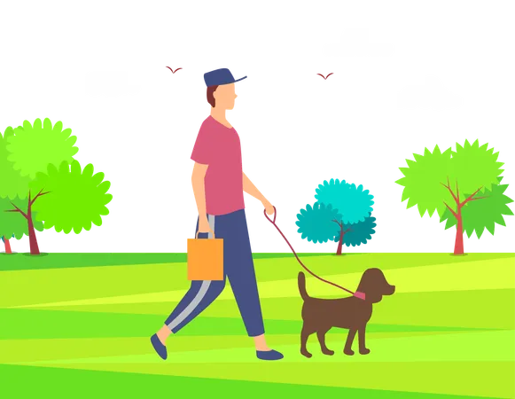 Boy takes his dog on walk  Illustration