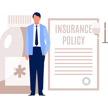 A Boy Stands In Front Of An Insurance Policy Contract Illustration