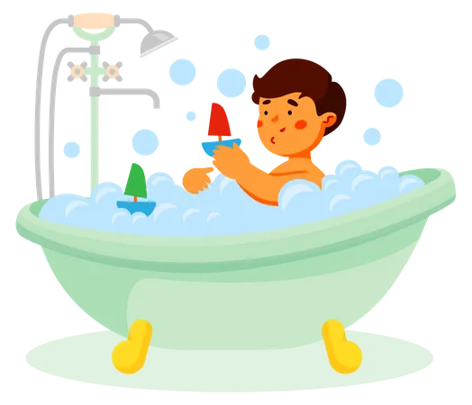 Boy Taking A Bath Colorful Flat Design Style Illustration With A Cartoon Character A Composition With A Child In A Bathtub With Foam Playing With A Toy Boat Hygiene And Daily Routine Idea Illustration