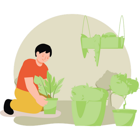 Boy taking care of plants  Illustration