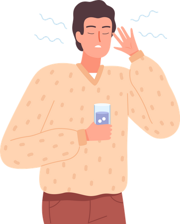 Boy taking cold medicine  Illustration