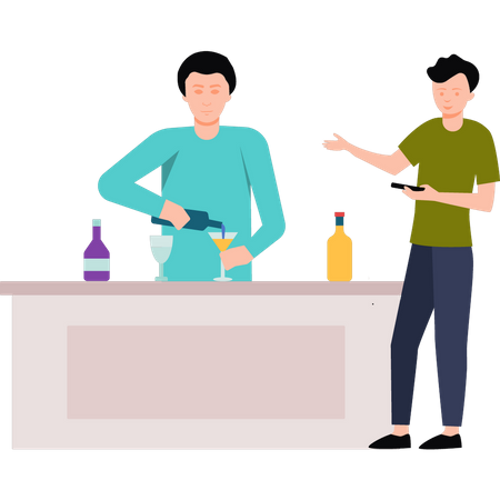 Boy taking glass of drink from bar waiter  Illustration