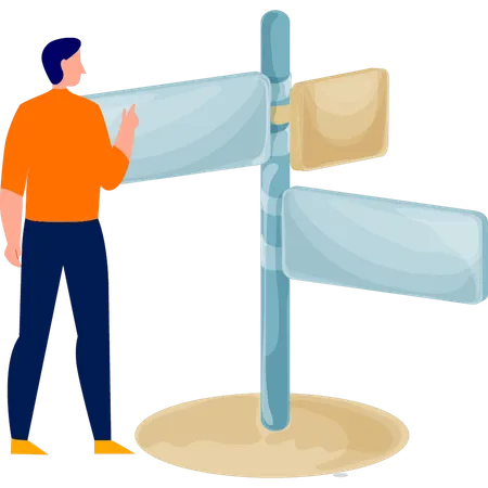 Boy taking help from guidepost sign boards  Illustration
