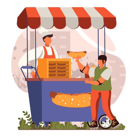 Boy taking hotdog from hotdog stall Illustration