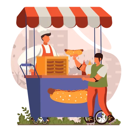 Boy taking hotdog from hotdog stall  Illustration