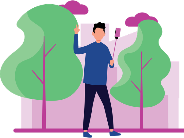 Boy taking picture using selfie stick  Illustration