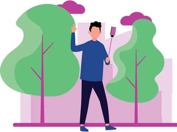 Boy taking picture using selfie stick  Illustration