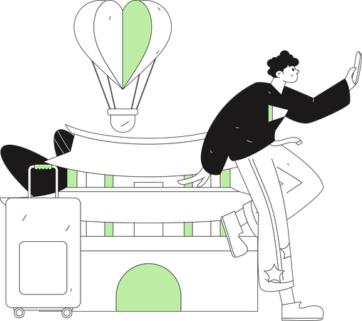 旅行中に自撮りする少年  イラスト
