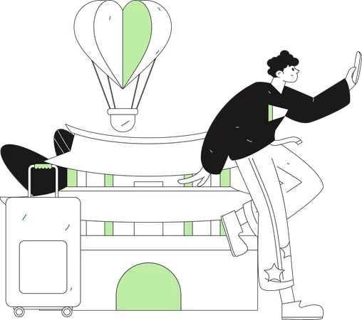 旅行中に自撮りする少年  イラスト