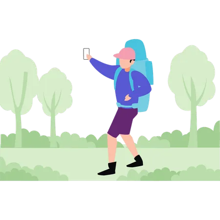 Boy taking selfie in forest  Illustration