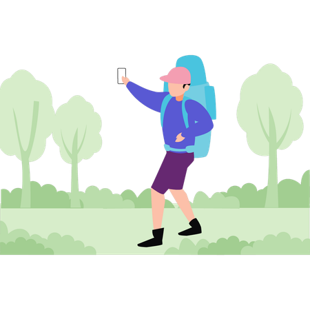 Boy taking selfie in forest  Illustration