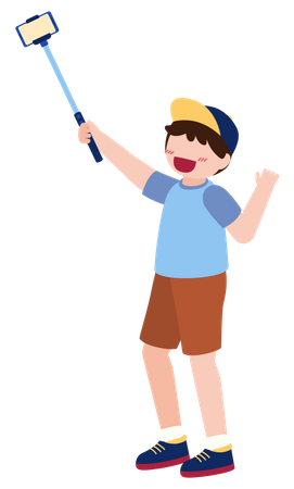 Boy taking selfie using selfie stick  Illustration