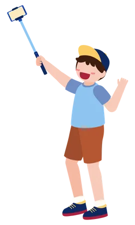 Boy taking selfie using selfie stick  Illustration