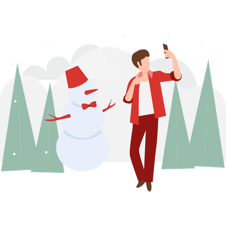 Boy taking selfie with snowman  Illustration