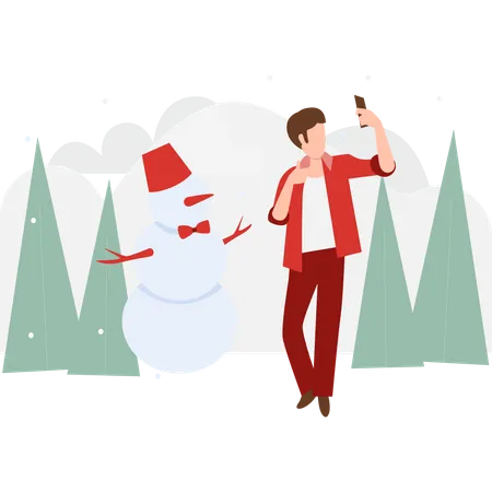 Boy taking selfie with snowman  Illustration