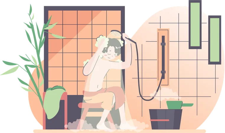 Boy taking shower in bathroom  Illustration