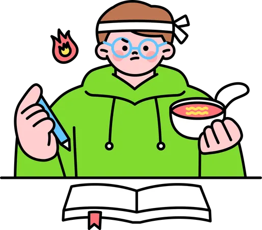 Boy taking soup while doing study  Illustration