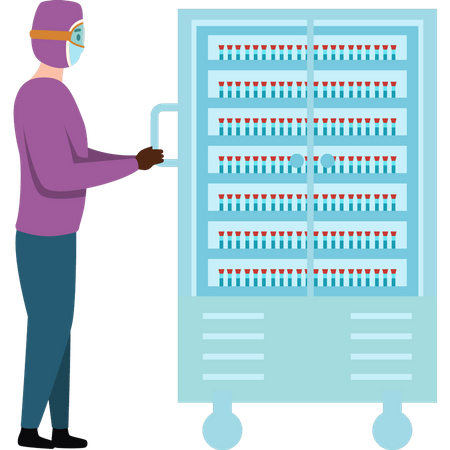 Boy taking test tube samples from freezer  Illustration