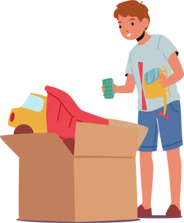 Boy taking toys from big carton box Illustration