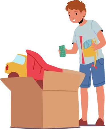 Boy taking toys from big carton box  Illustration