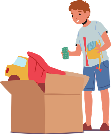 Boy taking toys from big carton box  Illustration