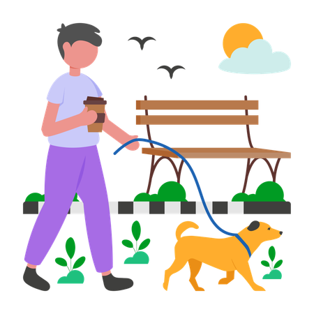 Boy Taking Walk with pet  Illustration