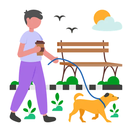 Boy Taking Walk with pet  Illustration