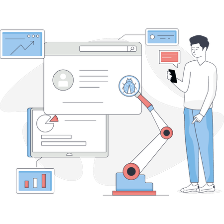Boy talking about automated testing  Illustration