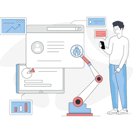 Boy talking about automated testing  Illustration