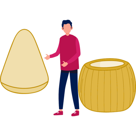 Boy talking about cheese making drum  Illustration