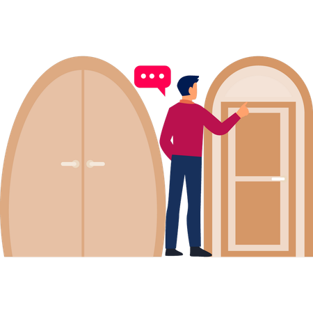 Boy talking about wooden door  Illustration